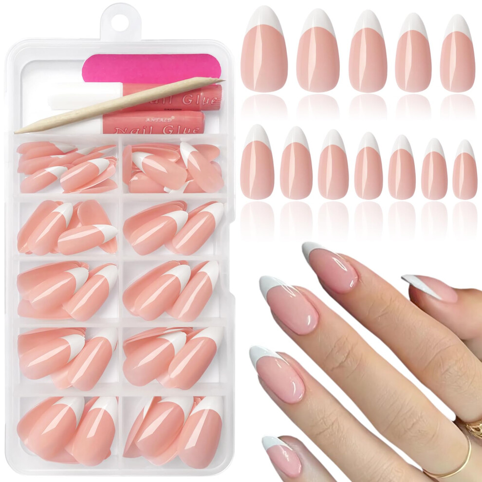 Bellelfin 120Pcs White French Tip Press On Nails Almond Shape Fake Nails Full Cover Glossy Nude False Nails Acrylic Glue On Nails With 5 Sheets Adhe