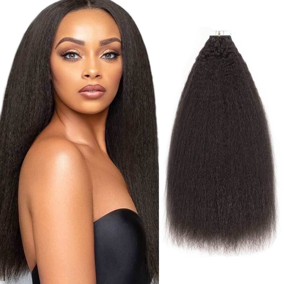 Loxxy Unisex Black Kinky Straight Human Hair Tape In Extensions For Women Invisible Double Sided Tape In Hair Extensions 40Pcs 100G Natural #1B 22Inch