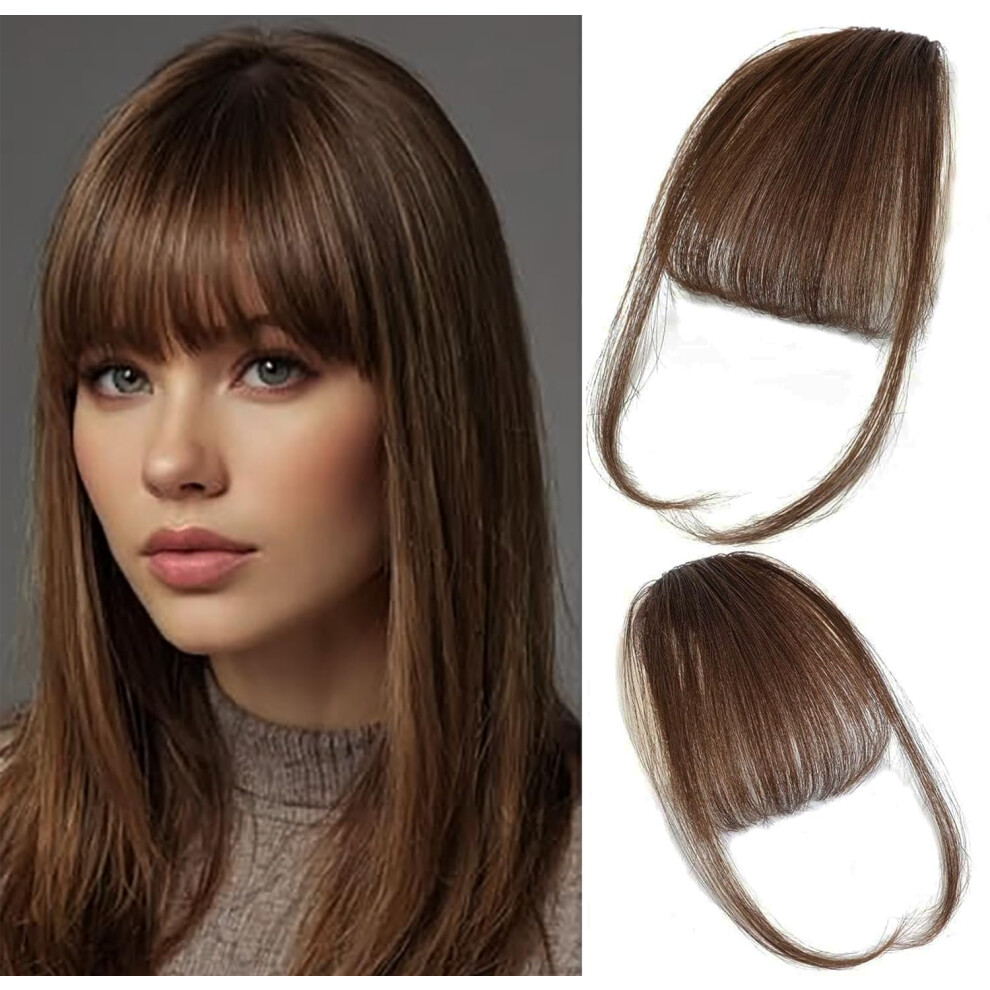 Origen Unisex Brown Clip In Bangs Real Human Hair Clip On Wispy Bangs Fringe With Temples Hairpieces Fake Front Bangs Extensions For Women Medium Hair Color