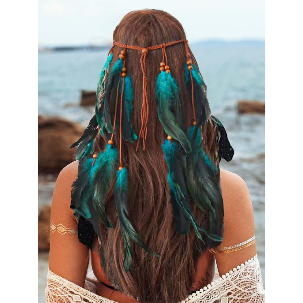Gortin Unisex Blue Boho Feather Headband Hippie Headpiece Gypsy Indian Costume Headdress Hair Accessory For Women (A- One Size)