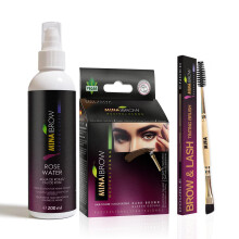 MinaiBrow Instant Haarfrbeset Dunkelbraun | Natrliches Spot-Tnungspulver mit Rosenwasser und abgewinkeltem Duo-Pinsel, wasser- und wischfest |