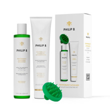 PHILIP B. Peppermint Avocado Scalp Invigorating Kit obsahuje ampon (7,4 oz), kondicionr (6 oz) a masn prstroj na pokoku hlavy