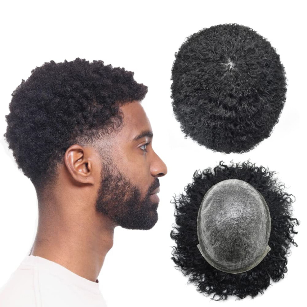 Lyrical Hair Unisex Black Afro Curly Toupee For Men 8X10 Full Poly African American Human Hair System All Injected Pu Hairpiece Replacement Skin Kinky Curly