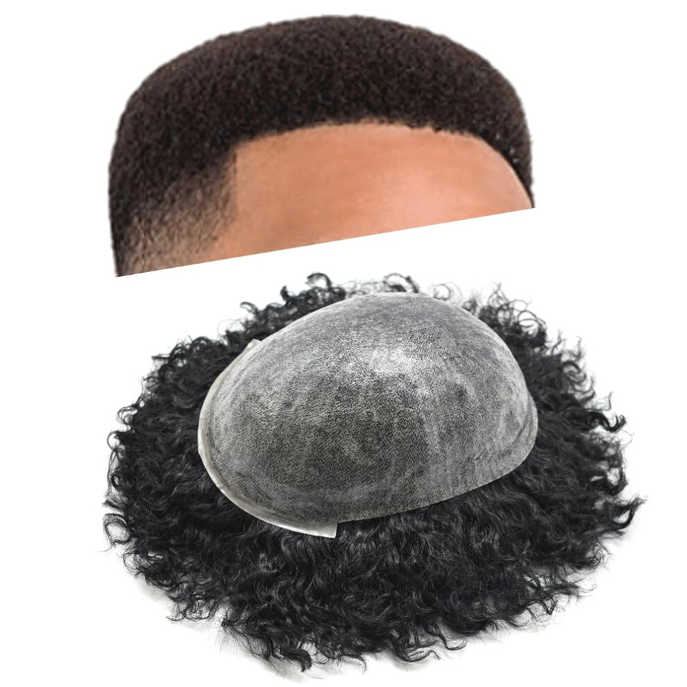 Lyrical Hair Unisex Black Afro Curly Toupee For Men 8X10 Full Poly African American Human Hair Systems Injected Pu Hairpiece Replacement Skin Kinky Curly Wi