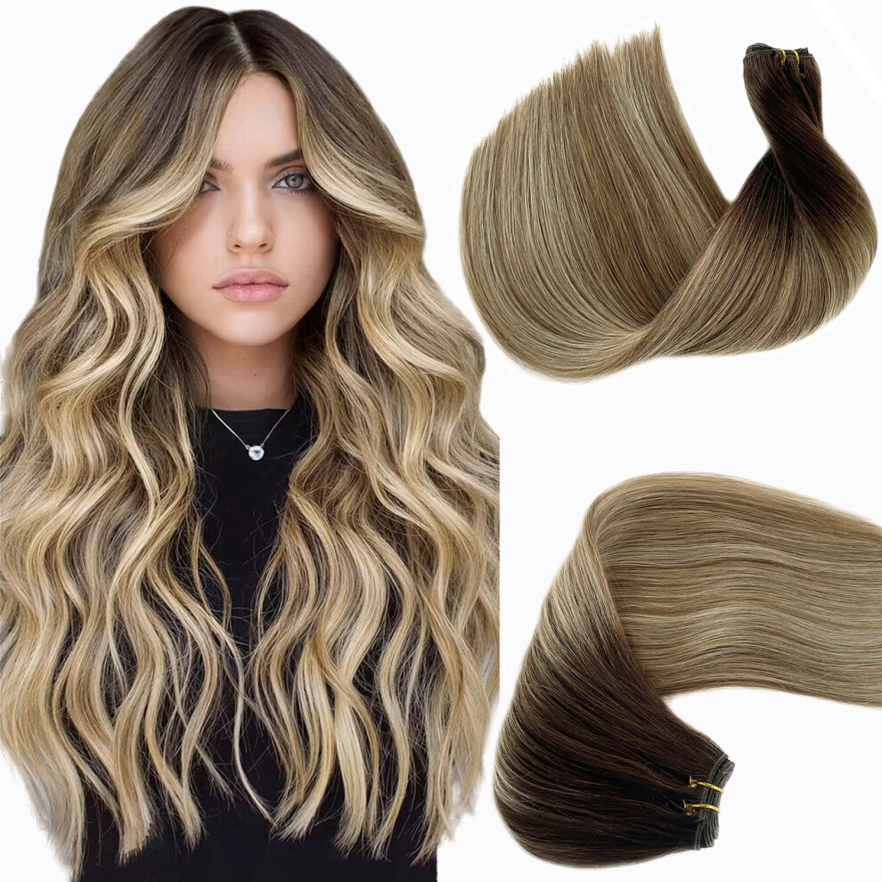 Benafee Unisex Brown Sew In Hair Extensions Real Human Hair Weave Bundles Ombre Balayage Dark To Bleach Blonde Sew In Hair Bundles Hand Tied Weft Hair Extensions Hu