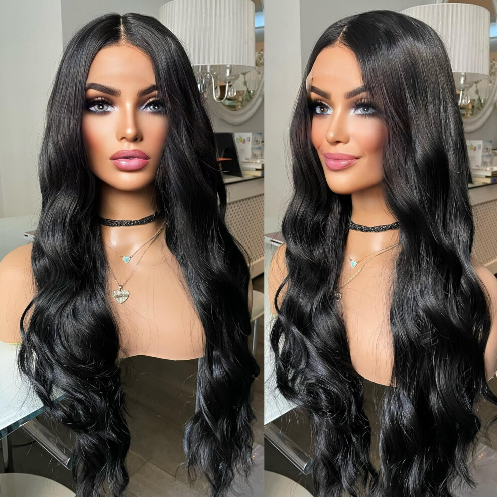 Wxhwcx Unisex Black 13 * 6 Long Water Wave Hair Synthetic Lace Front Wig Natural Hairline Heat Resistant Fiber Hair Middle Part Glueless Lace Wig For Women