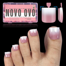 NOVO OVO Ombre Franse Punt Druk op Teennagel Tips, Vierkante Gel Valse Teennagel Verlenging, BESSENROZE Primer & Basis
