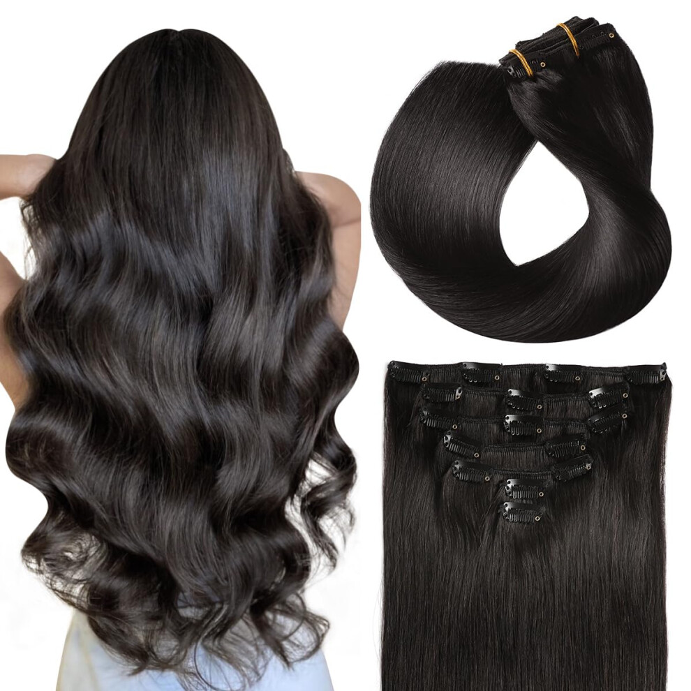 Suyya Unisex Black Real Human Hair Clip In Extensions - Straight Double Weft Natural Hair - Clip Ins 7Pcs 120G (18 Inches #1B Off )