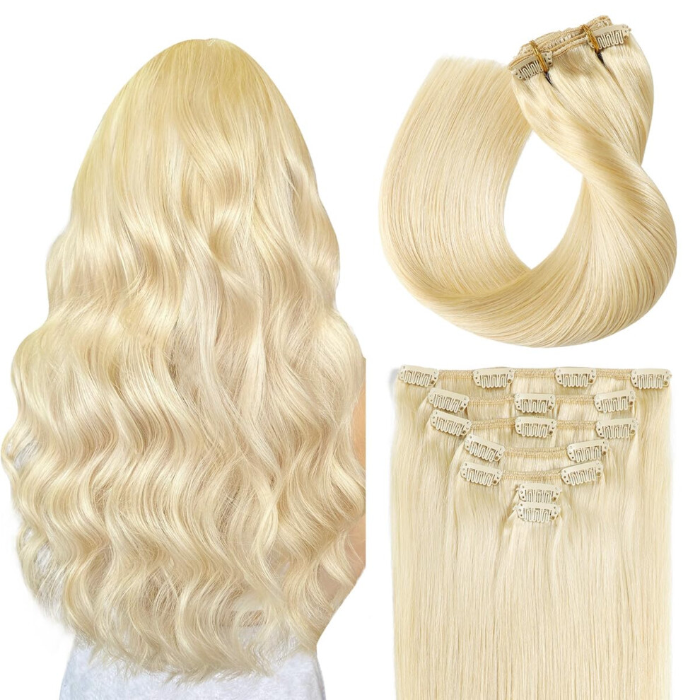 Suyya Unisex Clip In Hair Extensions - Real Human Hair Bleach Blonde Straight Double Weft Clip Ins 7Pcs 110G (14 Inches #613)