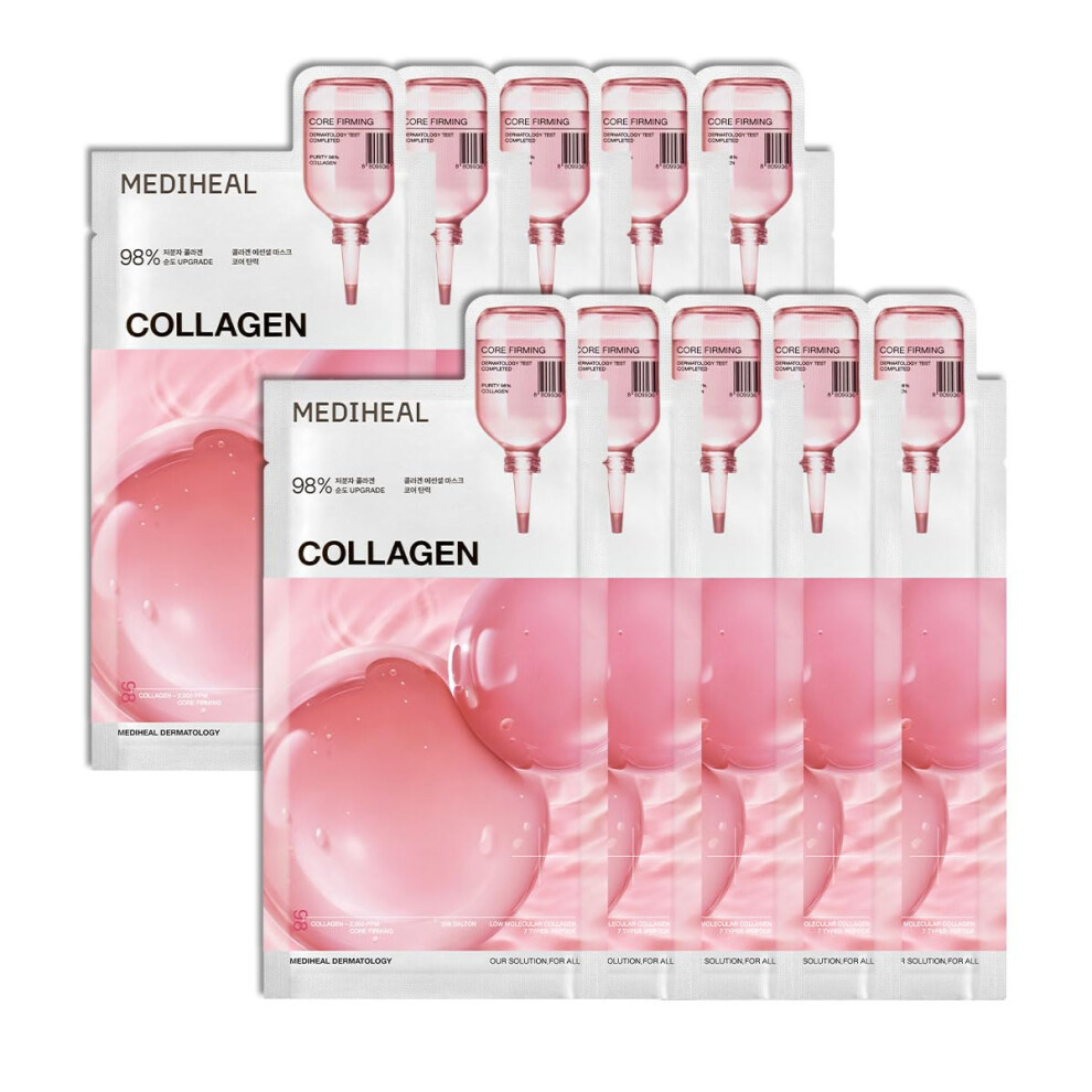 Mediheal Collagen Essential Sheet Mask Core Firming 10 Pcs. 98% Vegan Collagen For Firming Elasticity And Skin Density Improvement. Vegan Formula.