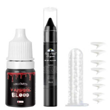 Conjunto de Dentaduras de Vampiro com Batom Preto e Sangue Falso - 4 Pares em 4 Tamanhos, Maquiagem de Halloween