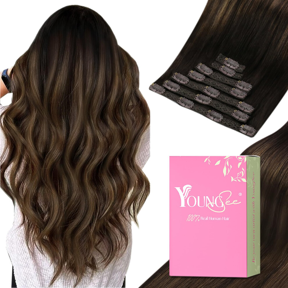 Youngsee Unisex Brown Clip In Hair Extensions Real Human Hair Balayage Clip In Extensions Dark Mix Medium Highlights Balayage Human Hair Extensi