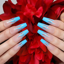 Hypnaughty Lot de 24 faux ongles extra longs en forme de cercueil avec motif et colle, faux ongles longs et extra longs, rose chair et flammes de
