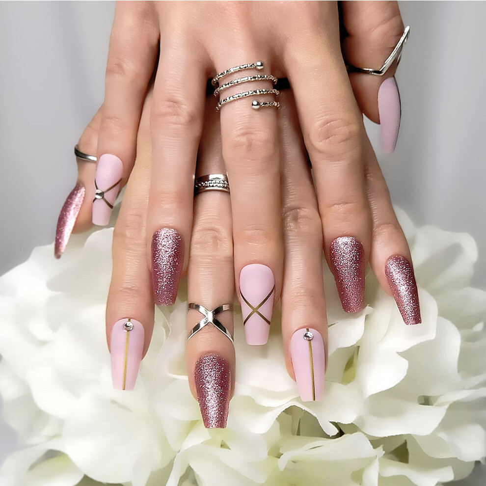 Hypnaughty Pink 24 Pcs Fantasy Matte And Glitter Design With Rhinestones Luxury Coffin Press On Nails With Glue Medium Long Reusable False Nails (Pin