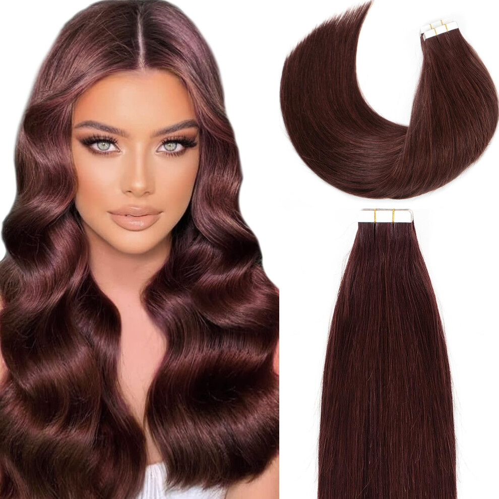 Loxxy Unisex Red 22Inch Real Remy Tape In Hair Extensions - Natural Wine Color #99J - Invisible Skin Weft Pu - 20Pcs 50Gram