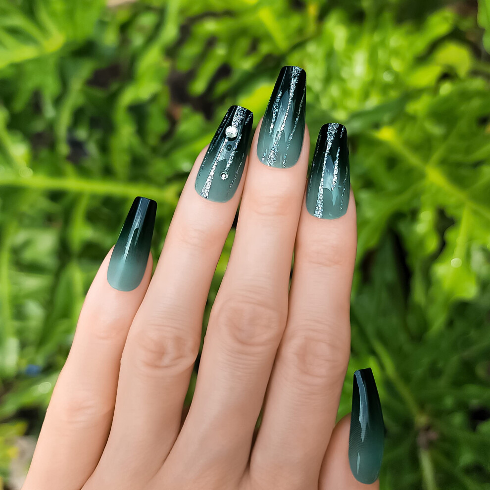 Hypnaughty Green,Black 24 Pcs Luxe Black And Green Ombre Luxury Rhinestone Coffin Press On Nails With Glitter Design And Glue Long Fake Nails Black And Green Omb