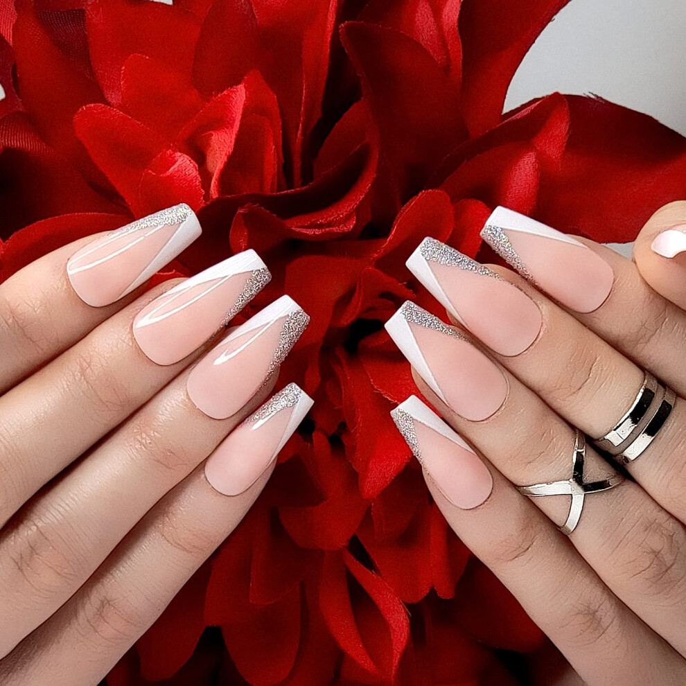 Hypnaughty White 24 Pcs Modern Glittery French Luxury Coffin Press On Nails With Holographic Glitter Design And Glue Medium Long False Nails With And