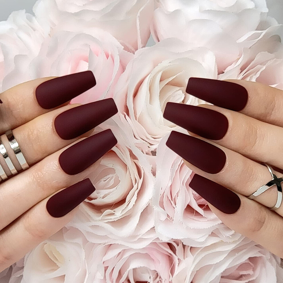 Hypnaughty Red 24 Pcs Maroon Xtreme Matte Coffin Press On Nails With Glue Medium Long Fake Nails Full Cover Maroon Matte False Nails (Maroon Xtre