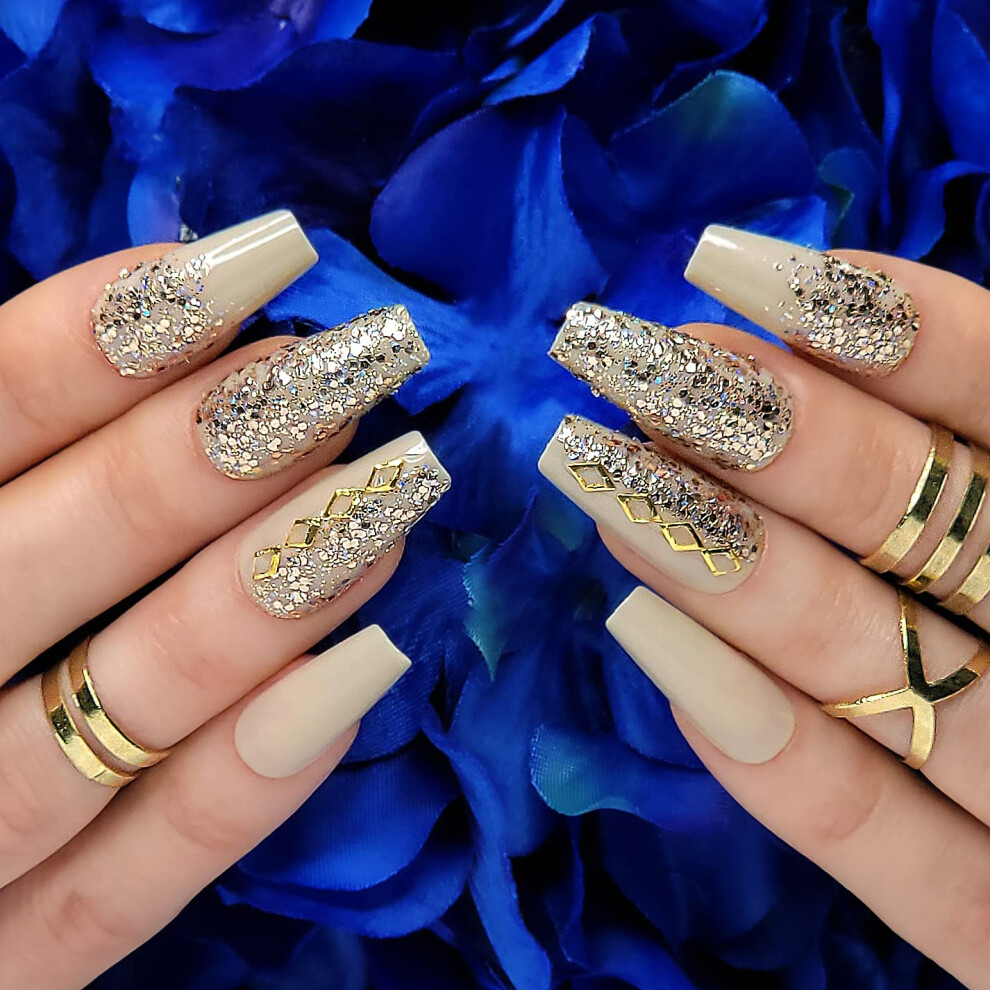 Hypnaughty Cream,Gold 24 Pcs Vegas Gold And Nude Luxury Coffin Press On Fake Nails With Glitter Design And Glue Ombre Glitter Long Medium Long False Nails Full