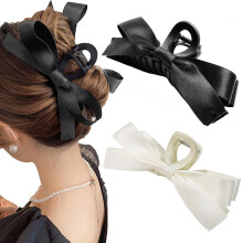 Sizobi Bow Claw Clips Bow Hair Clips White Hair Bows Hair Accessories for Women Extra Large Black Barrettes Scrunchies for Thin Thick Curly Hair