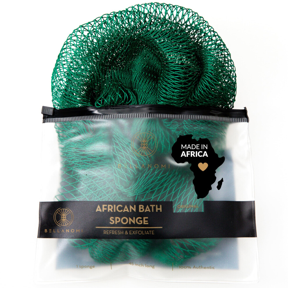 Bellanomi Green African Exfoliating Net Sponge Authentic Ethically Sourced From Nigeria 45 Inches Long Back Scrubber For Daily Use (Emerald )