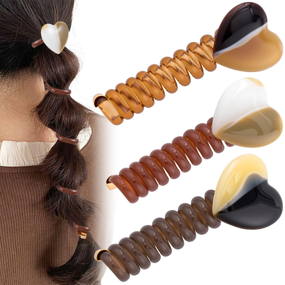Smallcat 3Pcs Spiral Hair Ties With Heart 3 Colors Heart Phone Cord Shape Hair Bands Elastic Rubber Ponytail Holders For Women No Crease Hair Acce