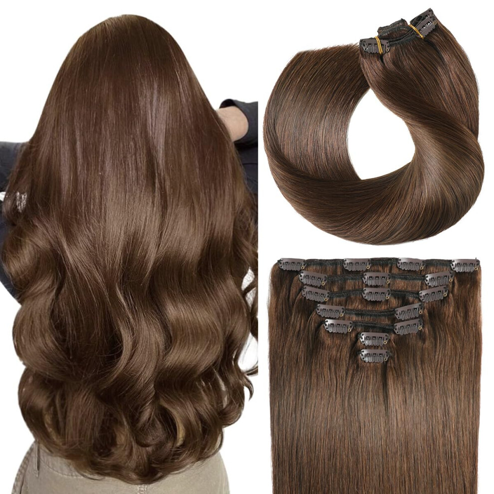 Suyya Unisex Brown Clip In Hair Extensions Real Human Hair, Chocolate Straight Double Weft 7Pcs 120G (18 Inches #4 Dark )