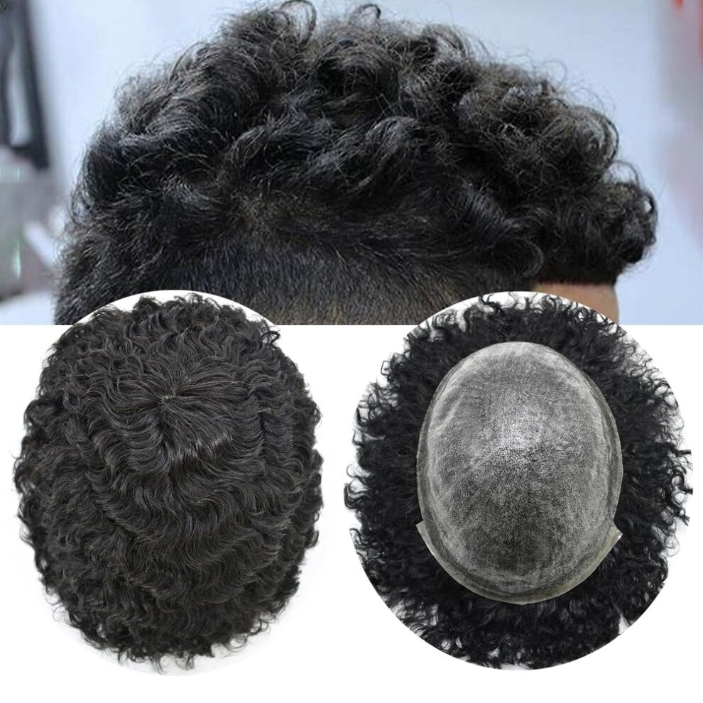 Lyrical Hair Afro Curl Toupee For Black Men Full Poly African American Human Hair System All Injected Pu Hairpiece Replacement Skin Kinky Curly Mens Wig Regular S