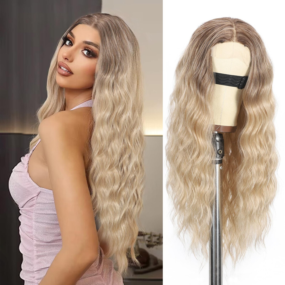 Scentw Unisex Glueless Wigs Blonde Wig For Women Long Wavy Lace Hairline Synthetic Lace Front Wig For Women Middle Part Synthetic Heat Resistant Wig For Dai