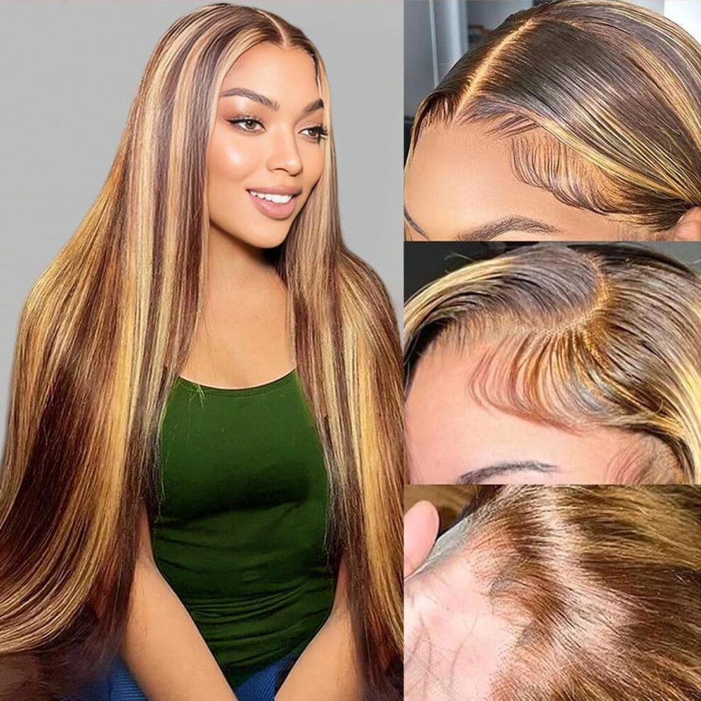 Poysew Unisex 32Inch Ombre Lace Front Wig Human Hair 13X6 Hd Transparent 4/27 Honey Blonde Lace Frontal Wigs Pre Plucked 180% Density Highlight Straight Lace Front