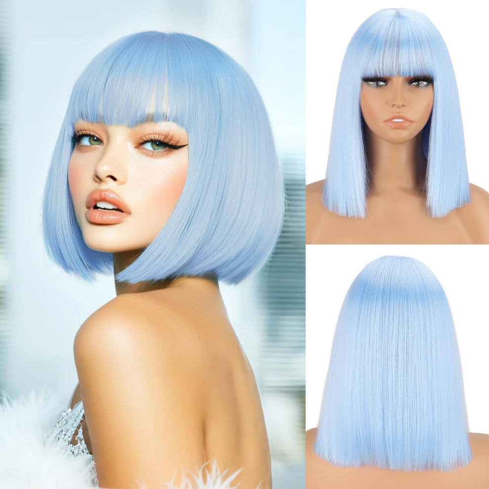 Merisihair Short Blue Bob Wig With Bangs Straight Bob Blue Coraline Hair For Women Dark Short Bangs Wig Synthetic Natural Looking For Party