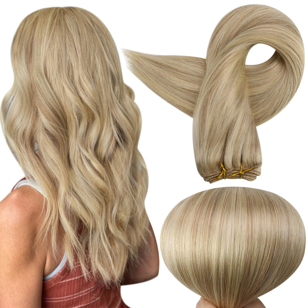 Full Shine 18 Inch Balayage Sew In Human Hair Extensions Remy Hair Weft Full Head Double Wefted Color #27 Honey Blonde And #613 Blonde Hair Weft Remy