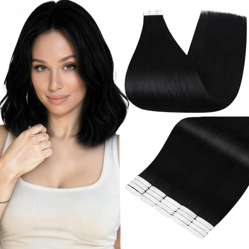 Fshine Full Shine Tape In Hair Extensions Human Hair 14 Inch 1 Jet Black Seamless Natural Remy Tape Ins Human Hair Extensions 20Pcs Invisible Double Sided E