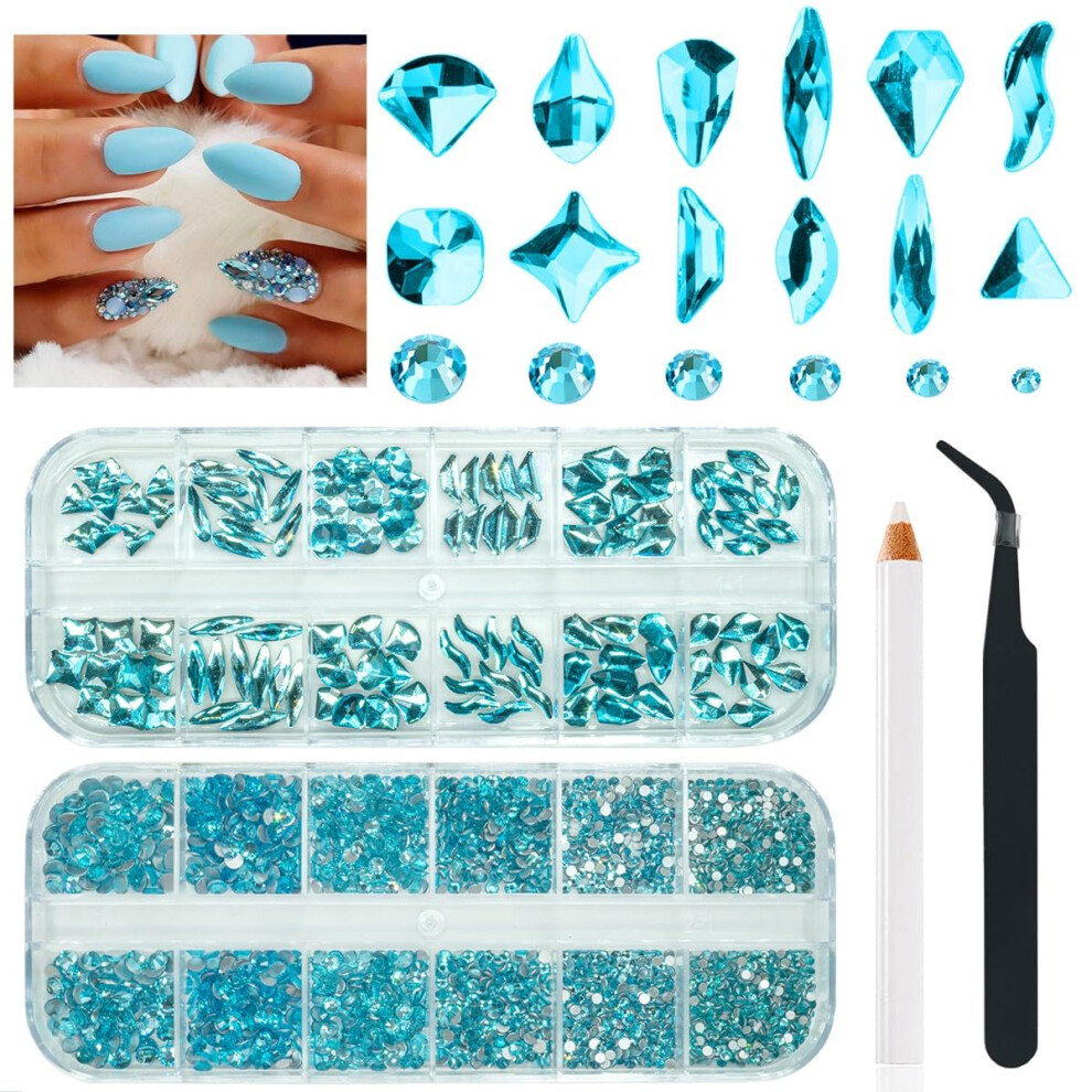 Qiipii Blue Aquamarine Rhinestones For Nails Lake Nail Rhinestones Multi Shapes Flatback Water Crystals Gems K9 Glass Stones Diamonds Jewels Nail