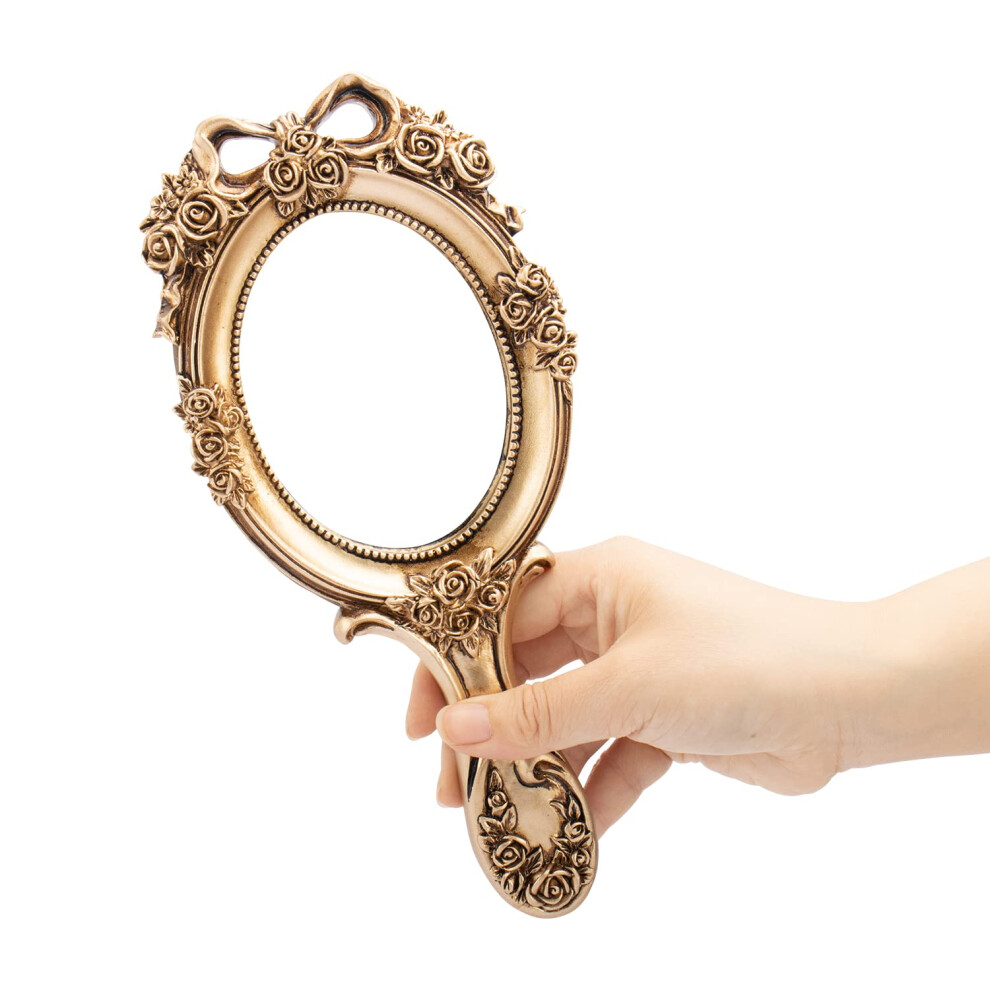 Rich Boxer Bronze Vintage Handheld Mirror Embossed Flower Hand Held Mirror Makeup Mirror Vanity Mirror Decorative Cute Hand Mirror (Bronze)