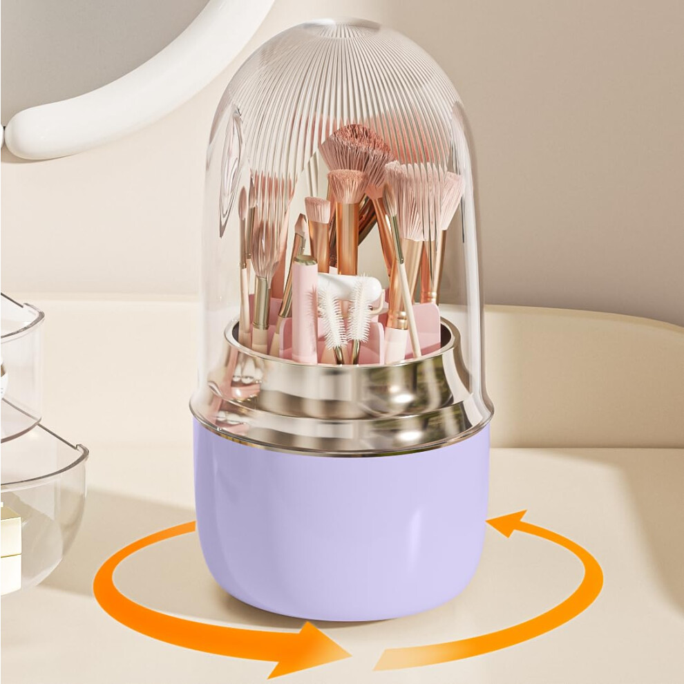 Anylady Makeup Brush Holder 360 Rotating [Upgrade & With Cover] Makeup Brush Organizer For Vanity Countertop Bathroom (Purple)