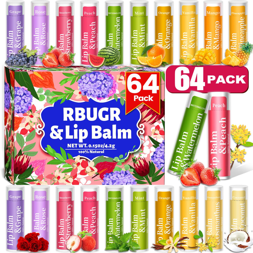 Rbugr 64 Pack Lip Balm, 12 Flavored Organic Natural Lip Balm Bulk Set With Coconut Oil, Moisturizing Lip Balms For Dry Cracked Lips,Bulk Lip Balms Hyd