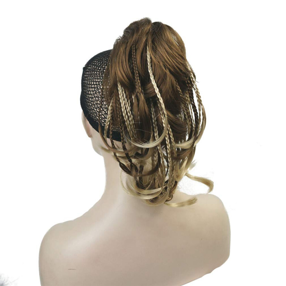 Wiginway Messy Style Ponytail Hair Extension Handmade Braid Synthetic Hair-Piece With Jaw Claw Clip (Light Brown With Highlights)