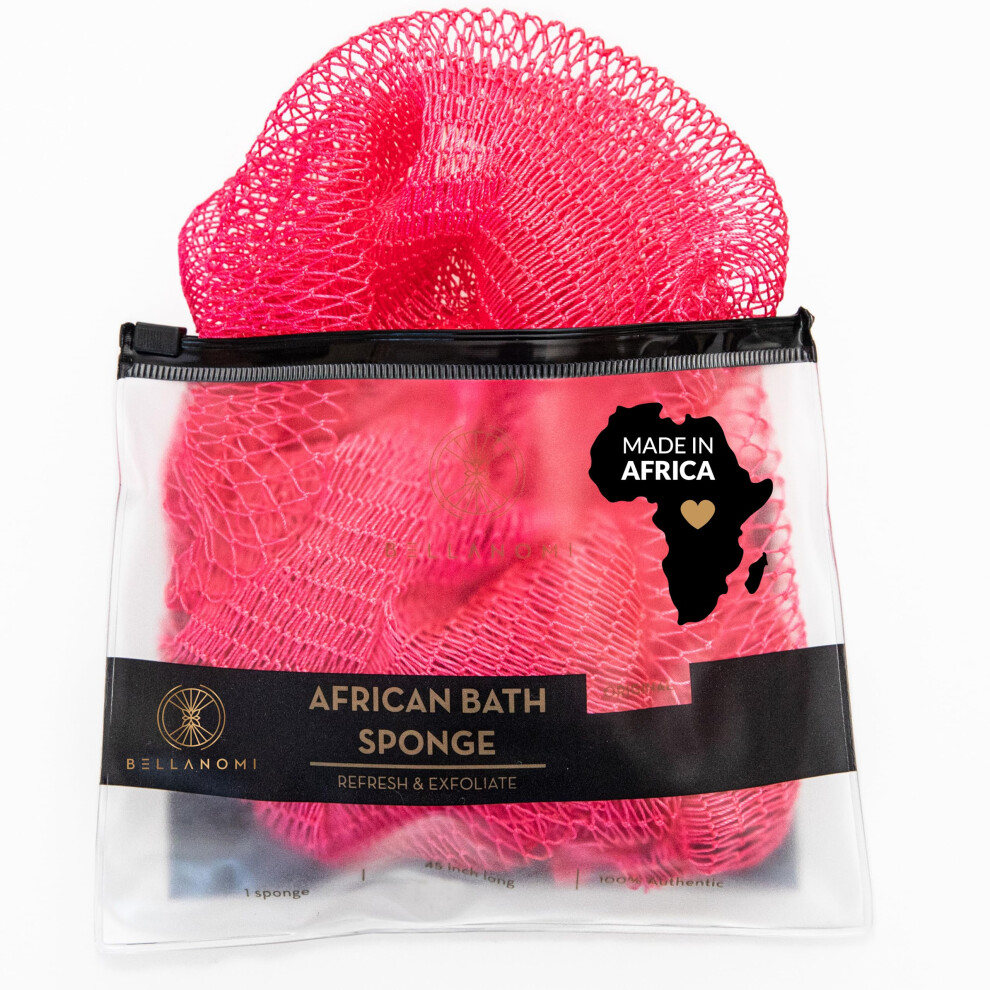 Bellanomi Pink African Exfoliating Net Sponge Authentic Ethically Sourced From Nigeria 45 Inches Long Back Scrubber For Daily Use (Pink)