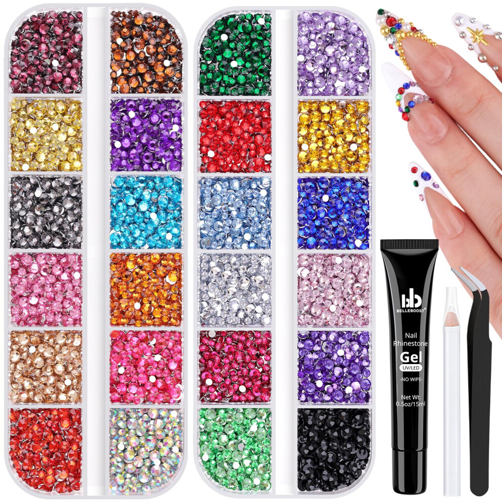 Belleboost 10000Pcs Small Resin Rhinestones For Nail Art With 15Ml Nails Rhinestone Glue Colorful 2/3Mm Flatback Bedazzling Gems Nail Rhinestones And Gems Cry