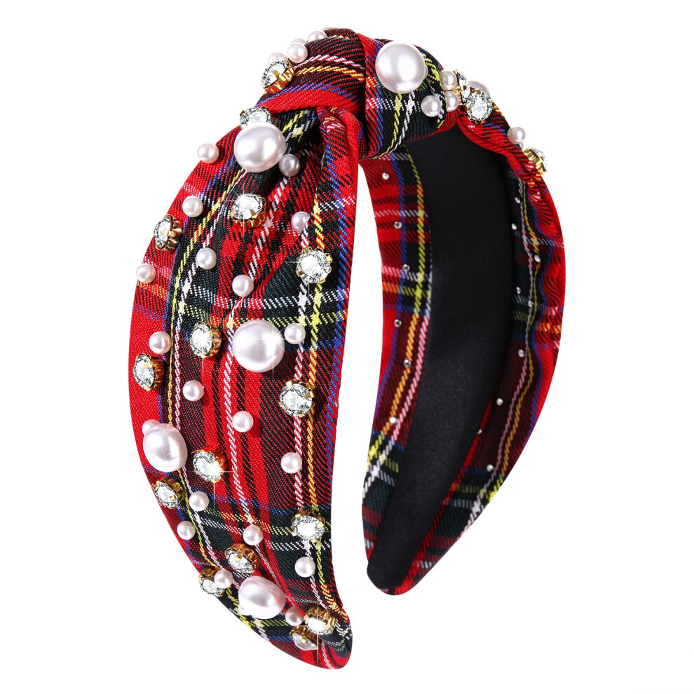 Glbcc Christmas Headband For Women White Pearl Rhinestone Crystal Jeweled Embellished Hairband Wide Top Knot Hairband Headpieces Christmas Holiday Par