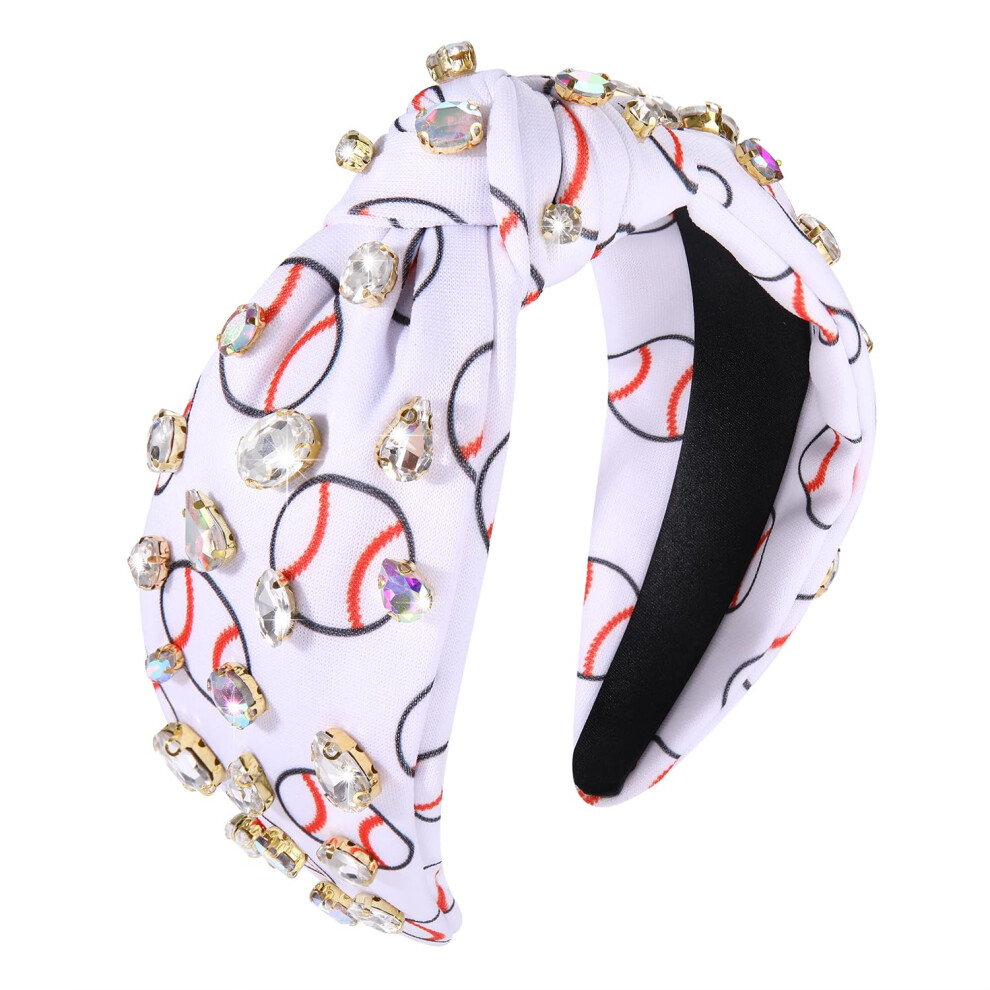 Hswe Unisex Rhinestone Knotted Headband For Women Baseball Crystal Jeweled Embellished Printed Wide Top Knot Headbands Sport Hairband Game Day Party Hair Accesso