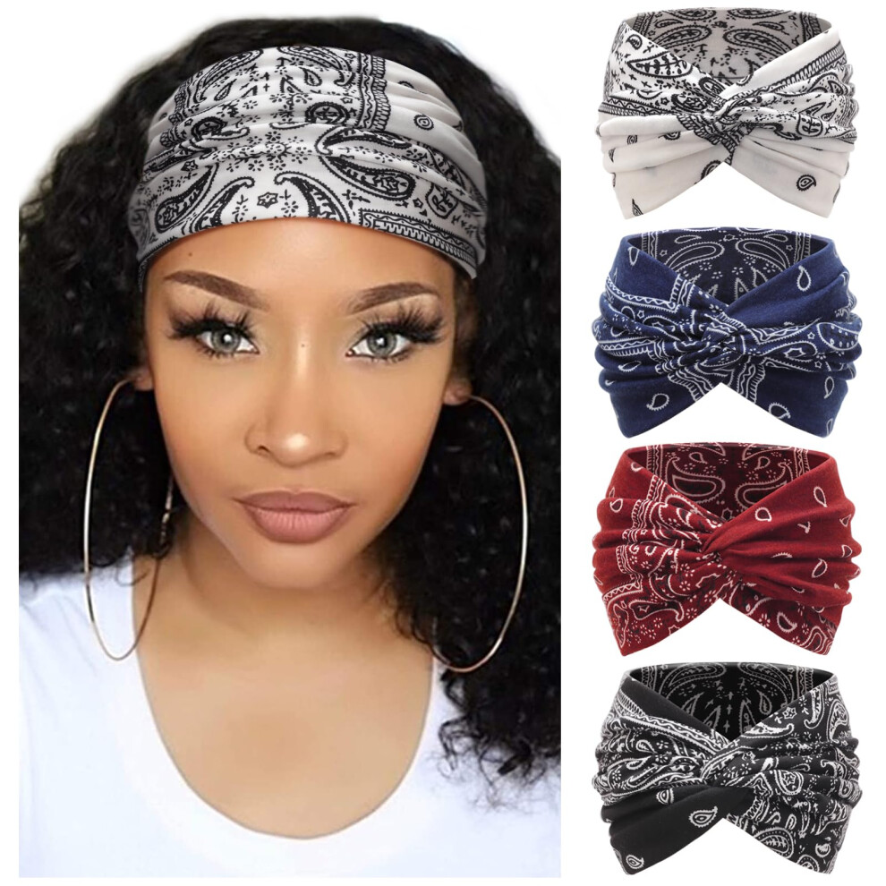 Dreshow Unisex 4 Pack Turban Headbands For Women Wide Vintage Head Wraps Knotted Cute Hair Band Accessories