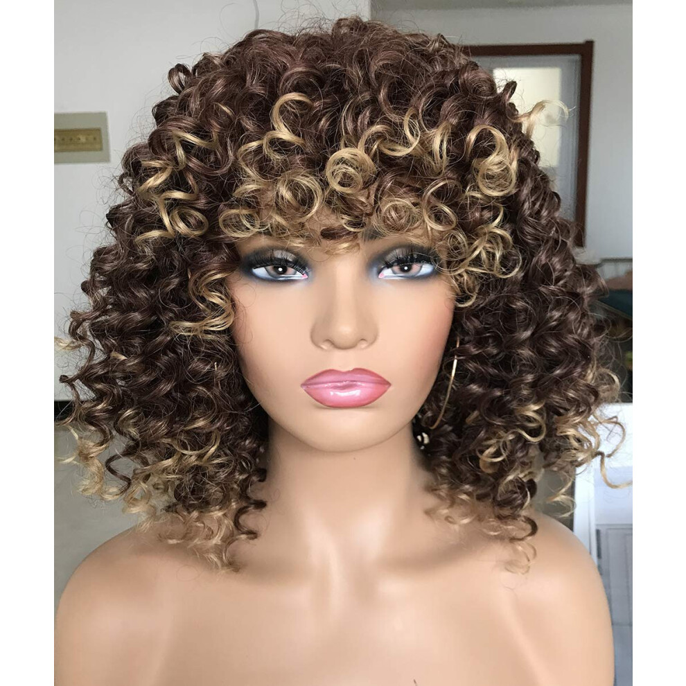 Gembon Curly Afro Wigs For Black Women Kinky Curly Wig With Bangs Synthetic Fiber Natural Looking Glueless Hair For Daily Wear