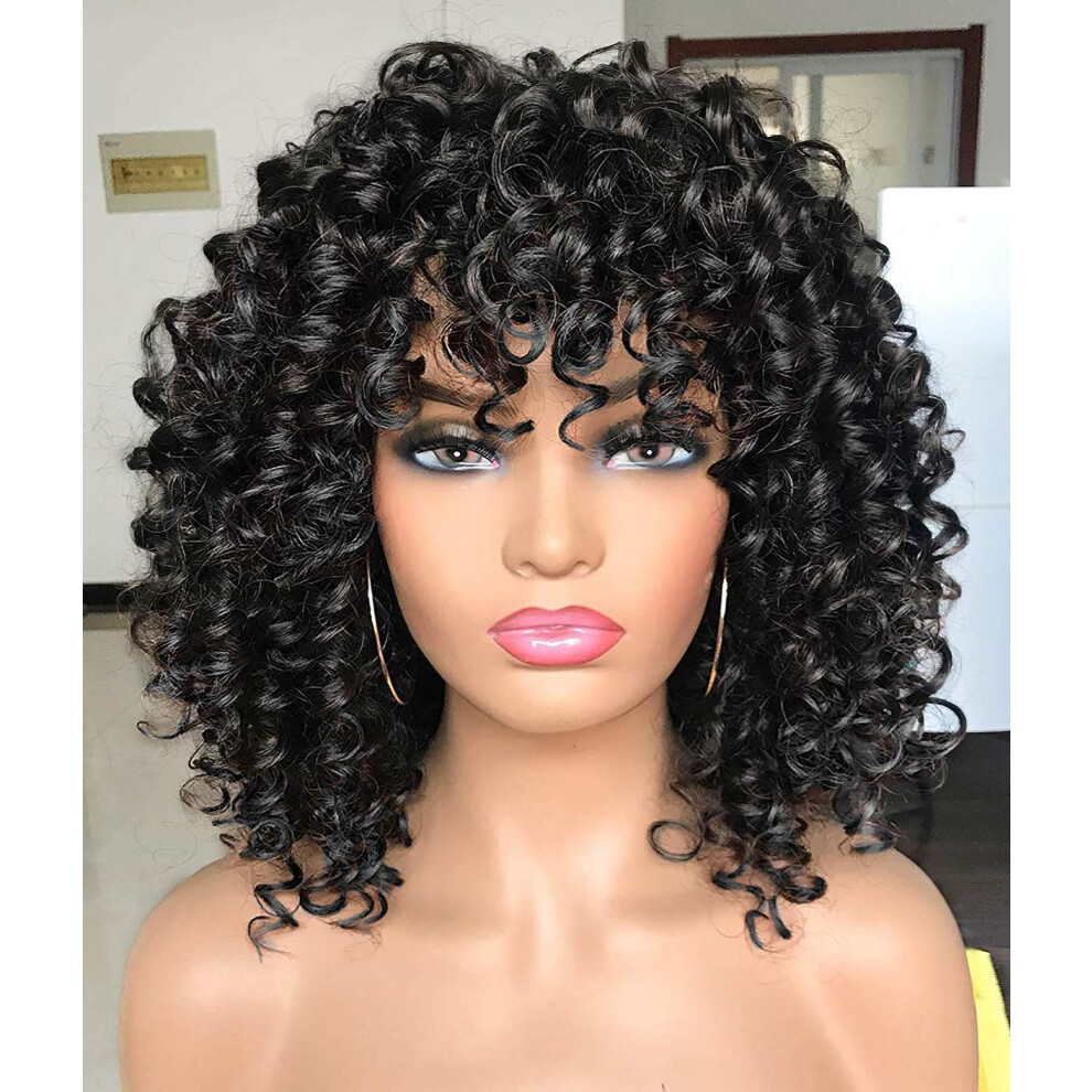 Gembon Curly Afro Wigs For Black Women Kinky Curly Wig With Bangs Synthetic Fiber Natural Looking Glueless Hair For Daily Wear