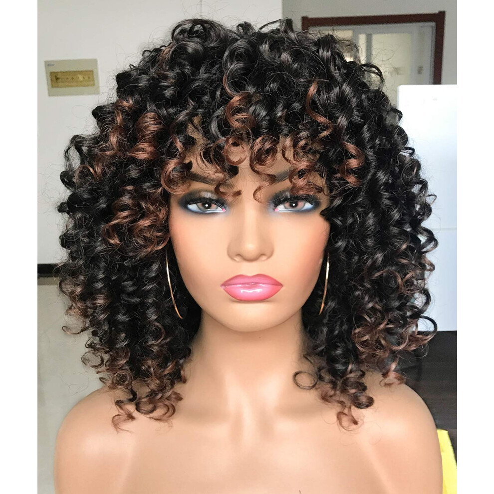 Gembon Unisex Black Curly Afro Wigs For Women Kinky Curly Wig With Bangs Synthetic Fiber Natural Looking Glueless Hair For Daily Wear