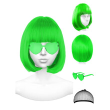NSODREEM Parrucca Verde e Occhiali da Sole da Festa Parrucca Corta al Neon Parrucche per Donna - Addio al Nubilato San Patrizio Parrucche per Fes