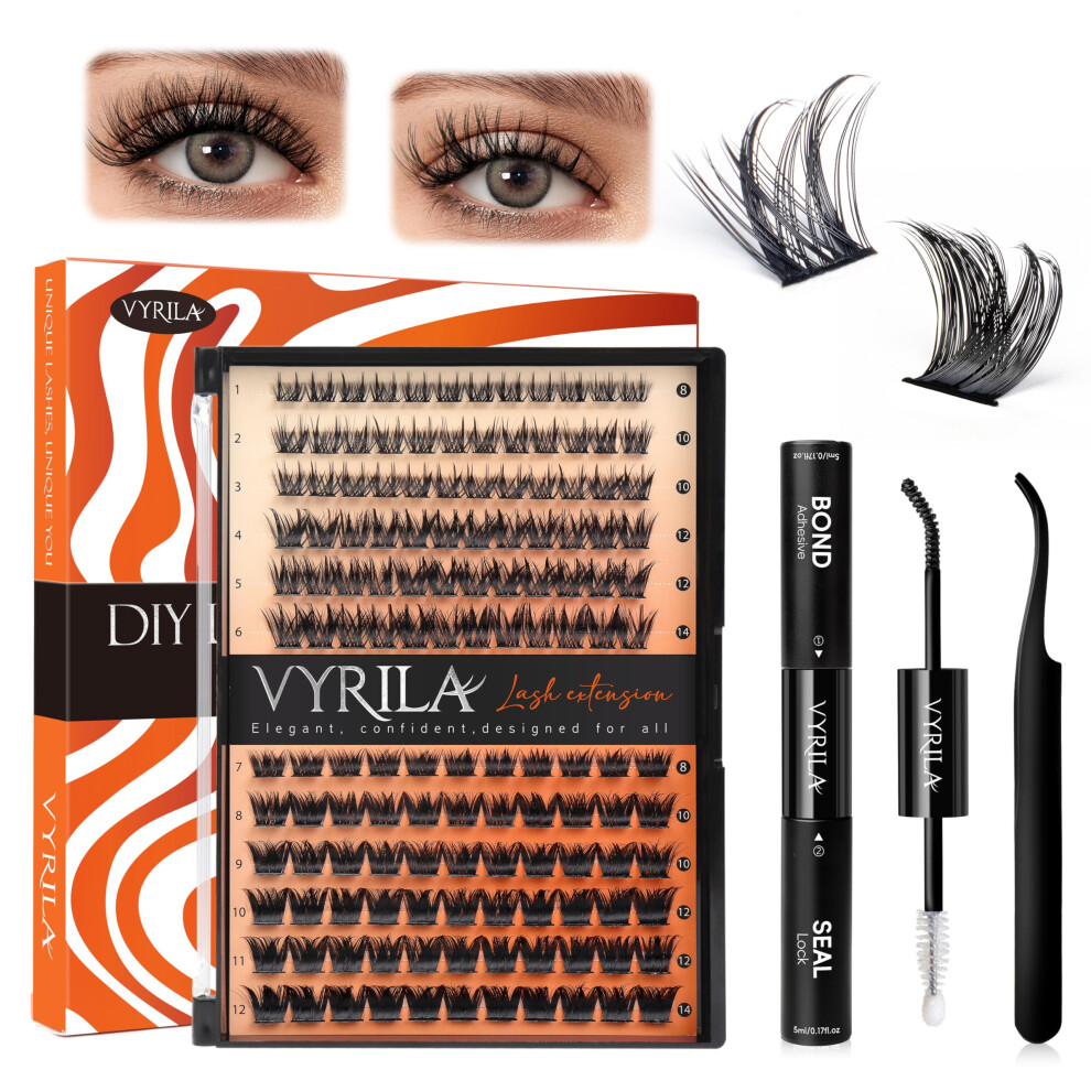 Vyrila Lash Clusters Kit- 0.07Mm Wispy 8-14Mix C Curl Eyelash Clusters With Lash Bond And Seal Waterproof Eyelash Tweezers (S03+S05 Kit 138Pcs-8-14Mi