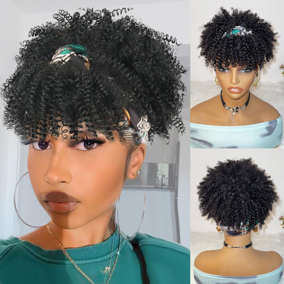 Deyngs Afro Headband Wig Kinky Curly Headband Wig With Bangs For Women Short Headbands Wigs Wrap Synthetic Half Wigs Black High Puff Hair