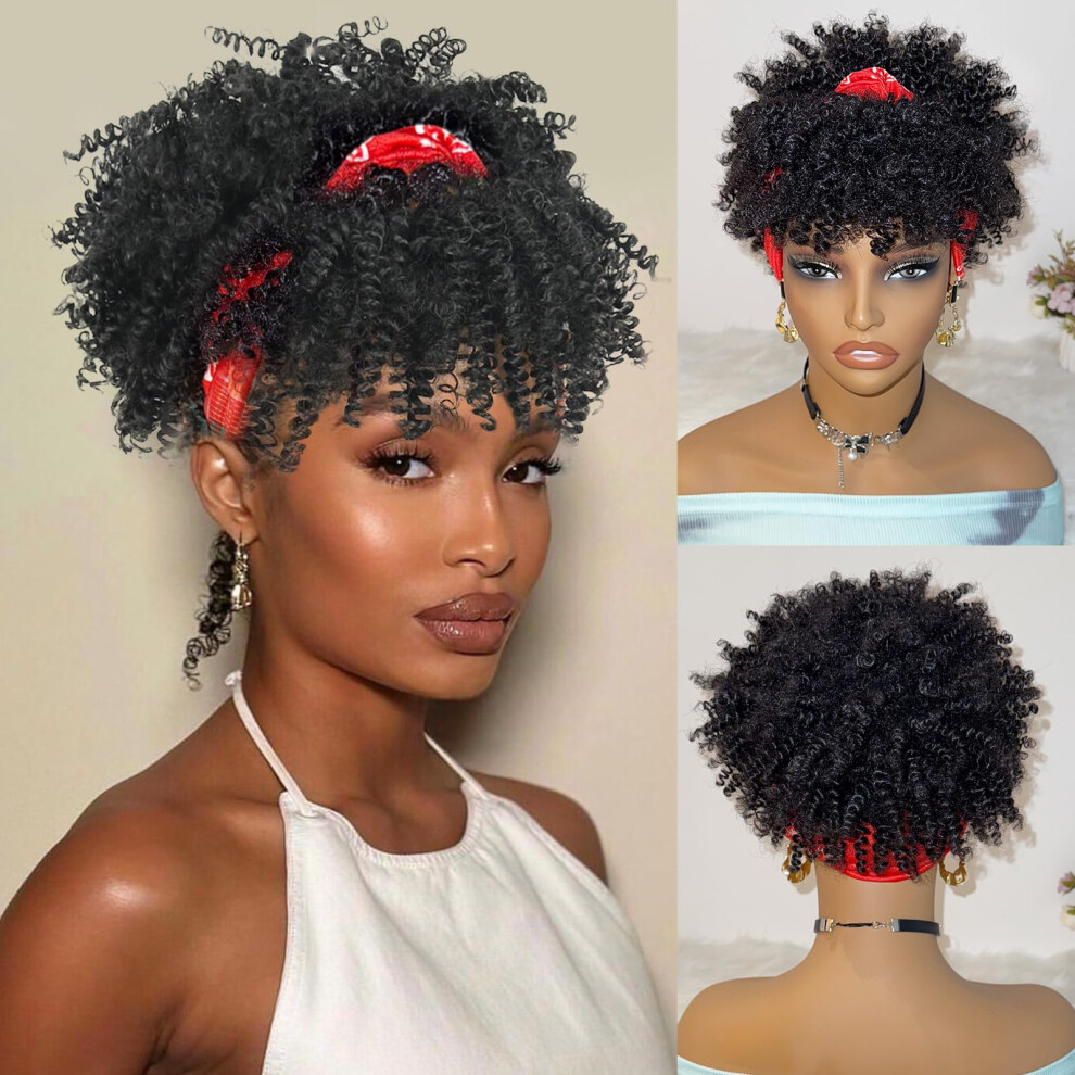 Deyngs Unisex Black Afro Headband Wig Kinky Curly Headband Wig With Bangs Short Curly Headbands Wigs For Women Afro High Puff With Bangs Synthetic Hal